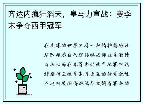 齐达内疯狂滔天，皇马力宣战：赛季末争夺西甲冠军